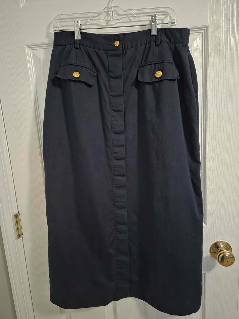 Navy Midi Skirt with Gold Button Accents